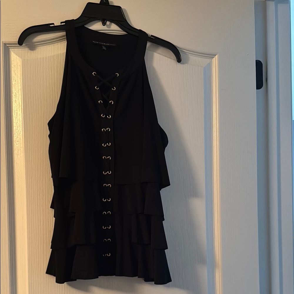 White House Black Market Black Lace-Up Ruffle Blouse